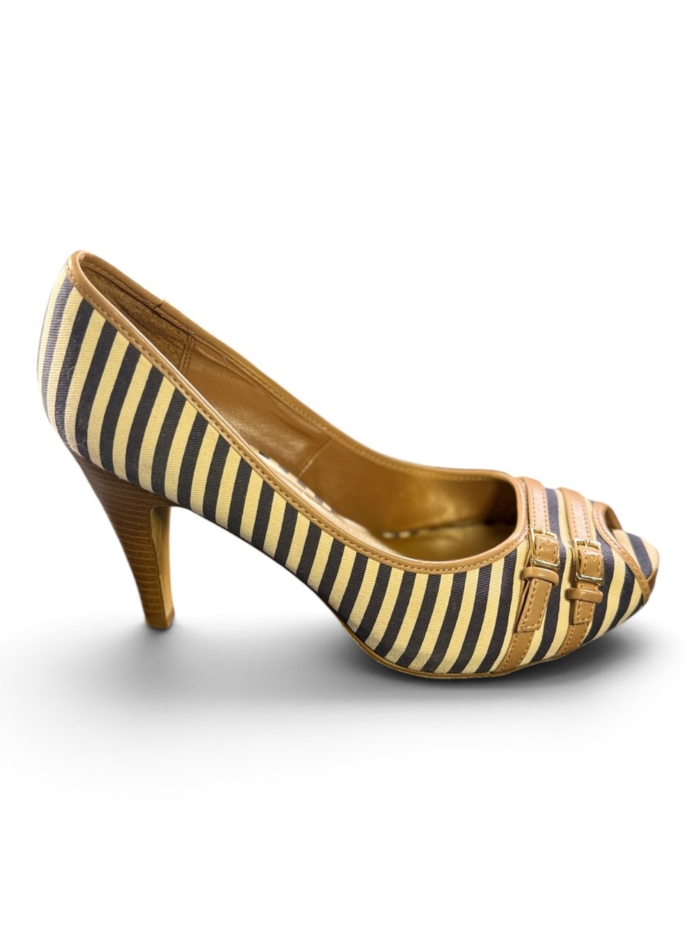 Candie's Navy and Tan Striped Peep-Toe Heel
